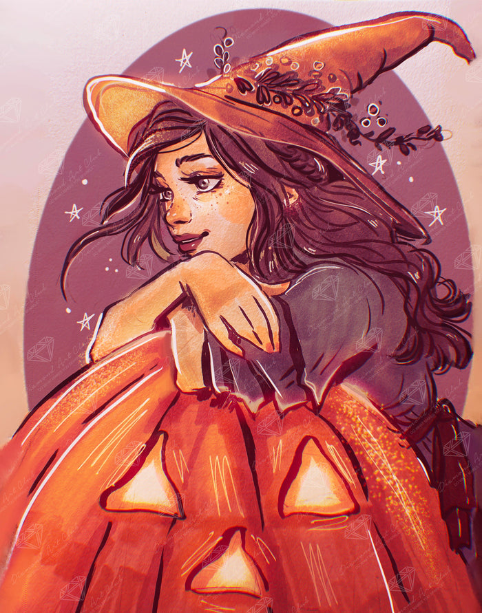 Diamond Painting Pumpkin Witch 22" x 28" (55.6cm x 70.7cm) / Round with 59 Colors including 2 ABs and 2 Fairy Dust Diamonds / 51,914