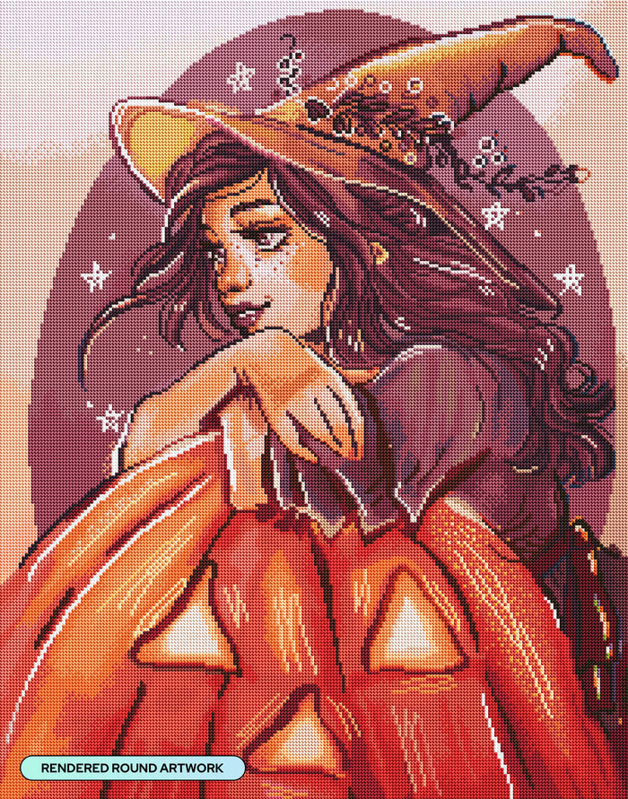 Diamond Painting Pumpkin Witch 22" x 28" (55.6cm x 70.7cm) / Round with 59 Colors including 2 ABs and 2 Fairy Dust Diamonds / 51,914