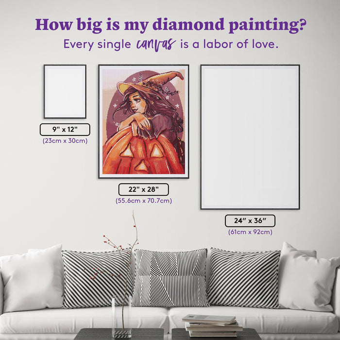 Diamond Painting Pumpkin Witch 22" x 28" (55.6cm x 70.7cm) / Round with 59 Colors including 2 ABs and 2 Fairy Dust Diamonds / 51,914