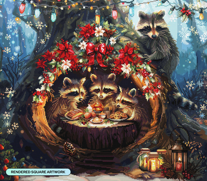 Diamond Painting Raccoon Christmas 31.5" x 27.6" (79.9cm x 69.9cm) / Square with 91 Colors including 2 ABs and 5 Fairy Dust Diamonds / 90,201