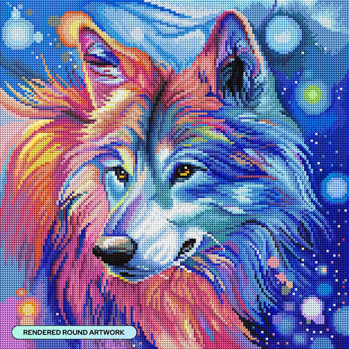 Diamond Painting Rainbow Wolf II 17" x 17" (42.7cm x 42.7cm) / Round with 44 Colors including 2 ABs and 3 Fairy Dust Diamonds / 24,025