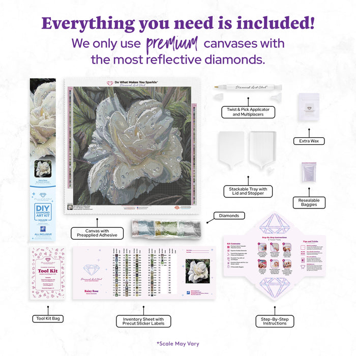 Diamond Painting Rainy Rose 22" x 22" (55.8cm x 55.8cm) / Square with 73 Colors including 1 AB and 3 Fairy Dust Diamonds / 50,176