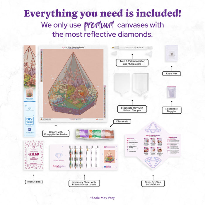 Diamond Painting Reading Terrarium 25.6" x 29.1" (65cm x 73.9cm) / Square With 53 Colors Including 1 AB and 1 Iridescent Diamond and 5 Fairy Dust Diamonds / 36,109