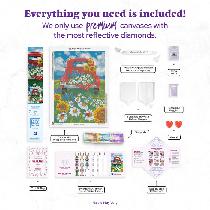 Diamond Painting Red Truck Daisy Hill 22" x 31″ (56cm x 79cm) / Square with 46 Colors including 2 ABs / 68,952