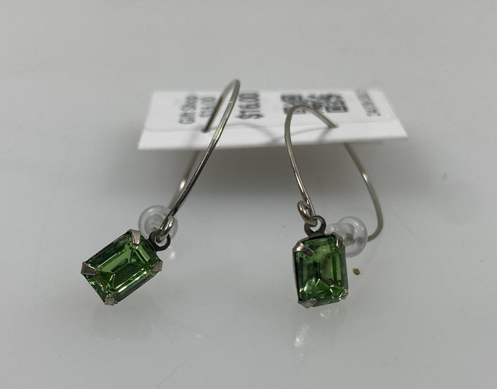 Silver Rectangular Green Crystal Dangle Earrings