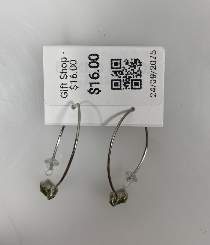 Silver Rectangular Green Crystal Dangle Earrings