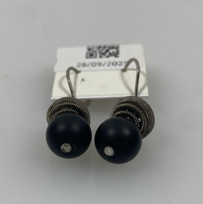 Silver Spring Wire Ball Black Bead Dangle Earrings