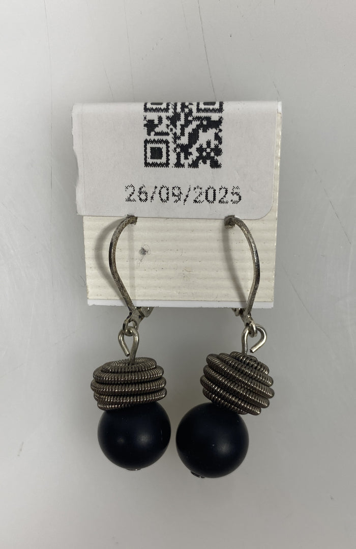 Silver Spring Wire Ball Black Bead Dangle Earrings