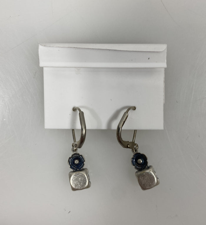 Silver Stacked Blue Crystal Flower Earrings