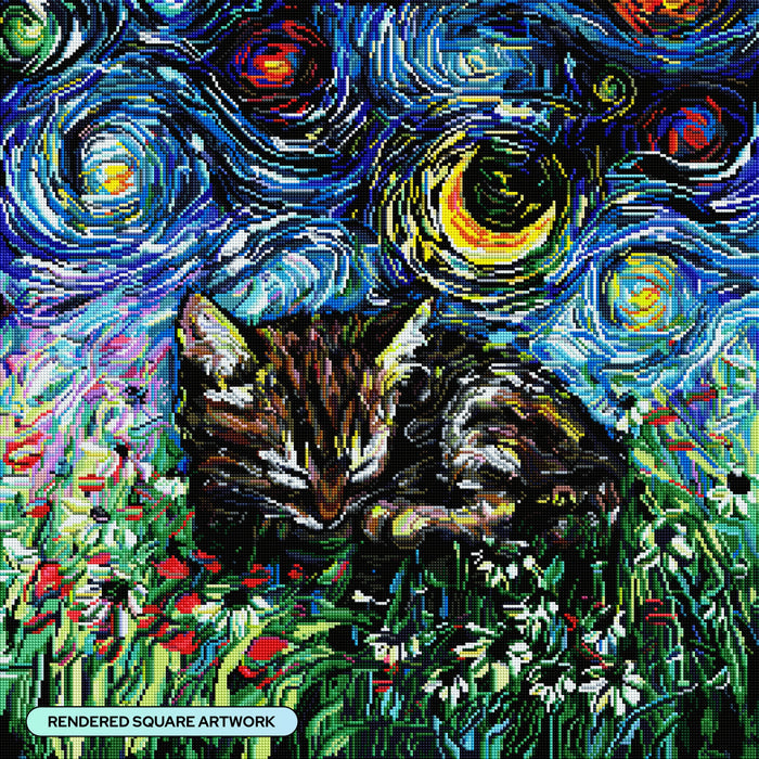 Diamond Painting Sleepy Tabby Kitten Night 25.6" x 25.6" (65cm x 65cm) / Square with 65 Colors including 2 ABs and 1 Iridescent Diamond and 3 Fairy Dust Diamonds / 68,121