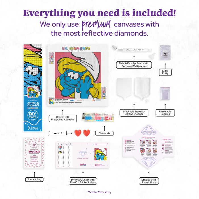 Diamond Painting Smurfette 9" x 9" (23cm x 23cm) / Round with 6 Colors including 1 Glow In The Dark Diamond and 1 Fairy Dust Diamond / 6,724