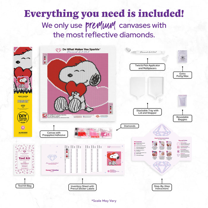 Diamond Painting Snoopy Valentine 13" x 13" (33cm x 33cm) / Round With 7 Colors including 2 ABs and 3 Fairy Dust Diamonds / 14,400