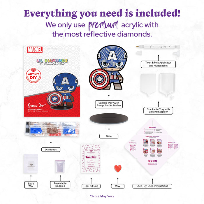 Diamond Painting Sparkle Pals™ - Captain America™ 5.6" x 4.5" (14.3cm x 11.5cm) / Round with 7 Colors Including 2 ABs and 1 Fairy Dust Diamond / 731