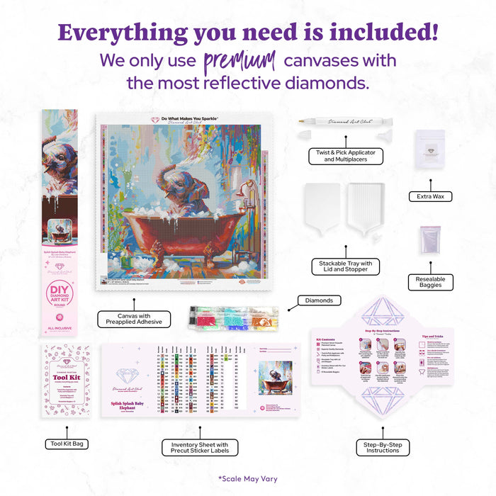 Diamond Painting Splish Splash Baby Elephant 22" x 22" (55.6cm x 55.6cm) / Round with 70 Colors including 2 ABs and 4 Fairy Dust Diamonds / 40,804