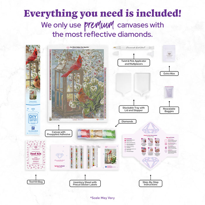 Diamond Painting Spring Cardinals 22" x 29" (55.8cm x 73.7cm) / Square with 83 Colors including 2 ABs and 1 Iridescent Diamond and 1 Fairy Dust Diamond / 66,304