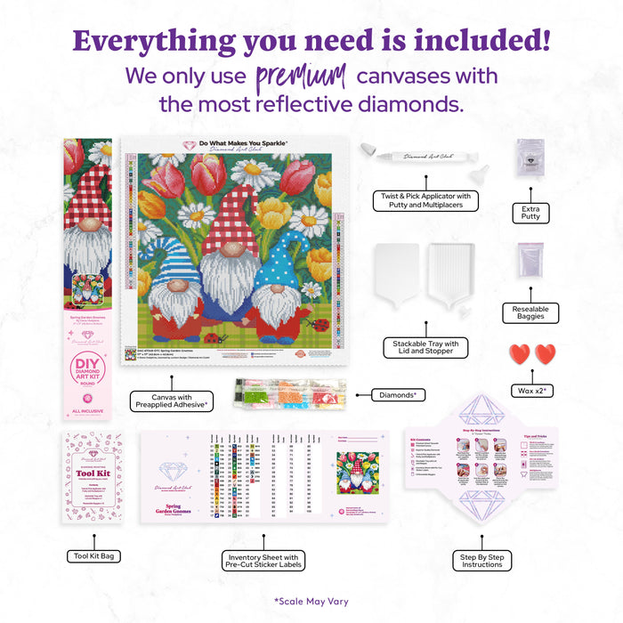 Diamond Painting Spring Garden Gnomes 17" x 17" (42.6cm x 42.6cm) / Round with 43 colors including 4 ABs and 2 Fairy Dust Diamonds / 23,104