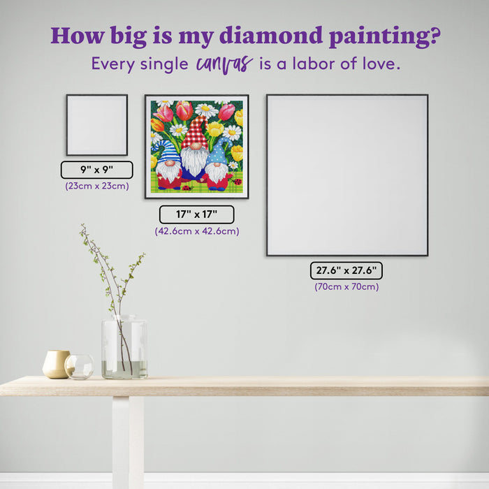 Diamond Painting Spring Garden Gnomes 17" x 17" (42.6cm x 42.6cm) / Round with 43 colors including 4 ABs and 2 Fairy Dust Diamonds / 23,104