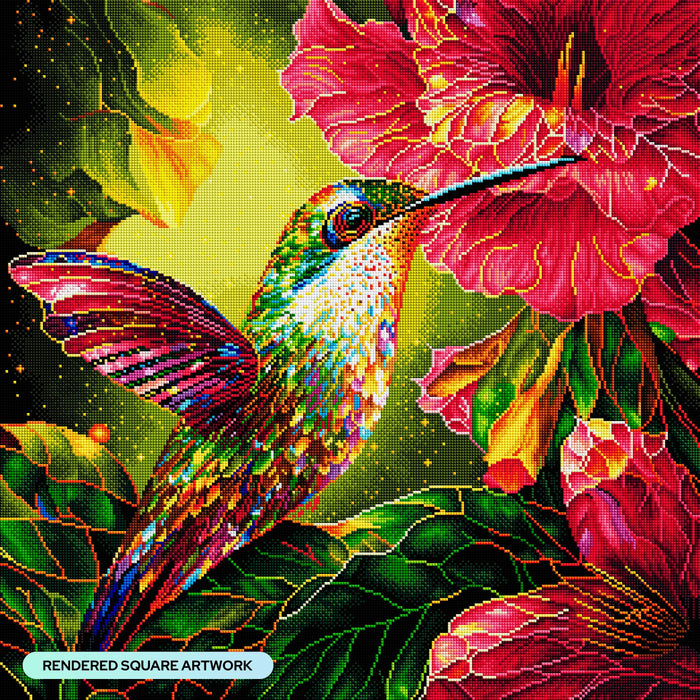 Diamond Painting Stained Glass Hummingbird & Hibiscus 25.6" x 25.6" (65cm x 65cm) / Square with 60 Colors including 4 ABs and 1 Fairy Dust Diamonds / 68,121