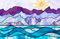 Diamond Painting Stained Glass Mountains Ocean & Sun 20" x 13" (50.7cm x 32.8cm) / Round with 31 Colors including 3 ABs and 2 Fairy Dust Diamonds / 21,177