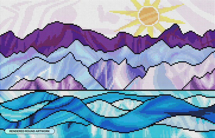 Diamond Painting Stained Glass Mountains Ocean & Sun 20" x 13" (50.7cm x 32.8cm) / Round with 31 Colors including 3 ABs and 2 Fairy Dust Diamonds / 21,177