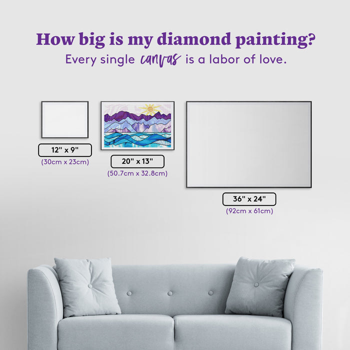 Diamond Painting Stained Glass Mountains Ocean & Sun 20" x 13" (50.7cm x 32.8cm) / Round with 31 Colors including 3 ABs and 2 Fairy Dust Diamonds / 21,177