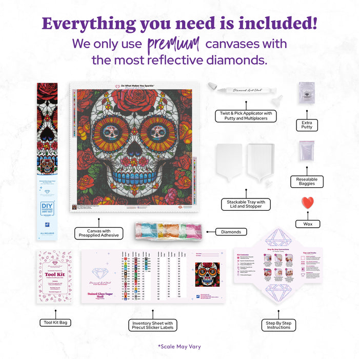 Diamond Painting Stained Glass Sugar Skull 25.6" x 25.6" (65cm x 65cm) / Square with 40 Colors including 5 ABs and 1 Fairy Dust Diamonds / 68,121