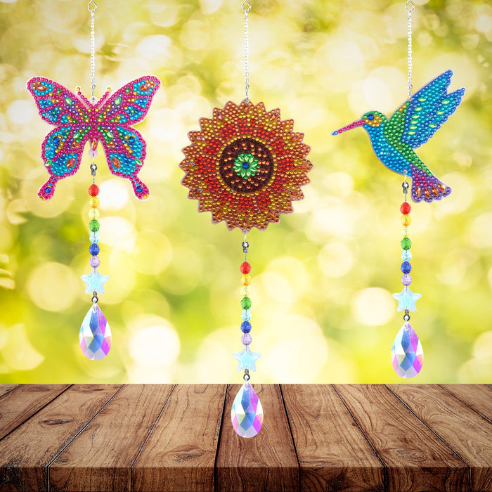 Diamond Painting Suncatchers - Hummingbird/Sunflower/Butterfly - Round 2 11.8" x 3.9" (30cm x 10cm) / Round with 13 Colors Including 10 Iridescent Diamonds and 3 Special Diamonds / 1,480