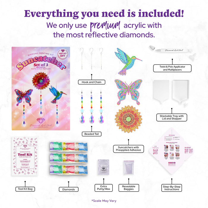 Diamond Painting Suncatchers - Hummingbird/Sunflower/Butterfly - Round 2 11.8" x 3.9" (30cm x 10cm) / Round with 13 Colors Including 10 Iridescent Diamonds and 3 Special Diamonds / 1,480