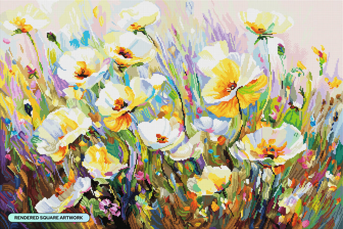 Diamond Painting Sunlit Petals Embrace 33" x 22" (83.7cm x 55.8cm) / Square with 95 Colors including 2 ABs and 3 Fairy Dust Diamonds / 75,264