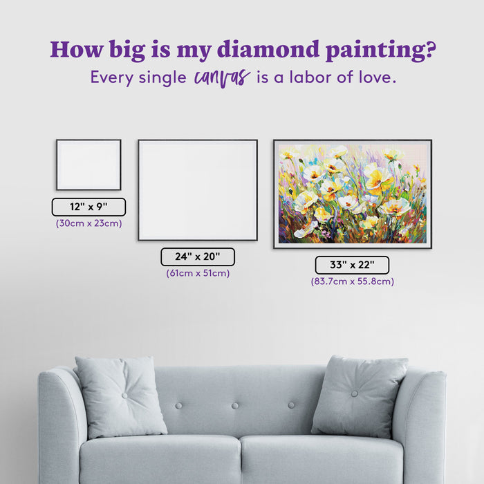 Diamond Painting Sunlit Petals Embrace 33" x 22" (83.7cm x 55.8cm) / Square with 95 Colors including 2 ABs and 3 Fairy Dust Diamonds / 75,264