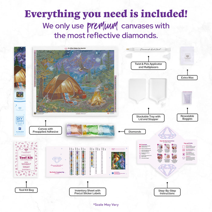 Diamond Painting The Perfect Camping Trip 34.7" x 27.6" (87.9cm x 69.9cm) / Square with 63 Colors including 3 ABs and 3 Fairy Dust Diamonds / 99,193