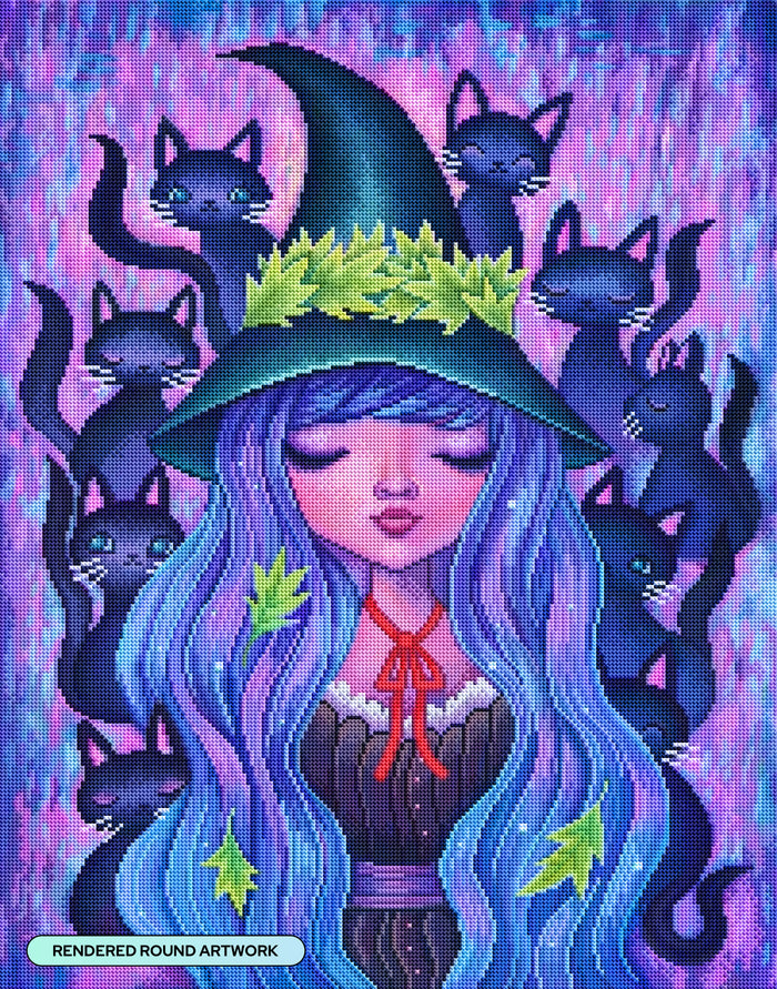 Diamond Painting The Witch's Cats 22" x 28" (55.6cm x 70.7cm) / Round with 57 Colors including 2 ABs and 3 Fairy Dust Diamonds / 51,914