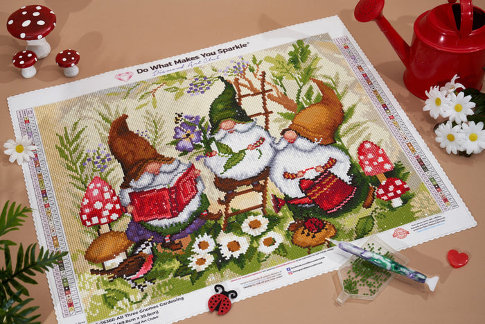 Diamond Painting Three Gnomes Gardening 19.6" x 15.7" (49.8cm x 39.8cm) / Round With 56 Colors Including 3 ABs / 25,276