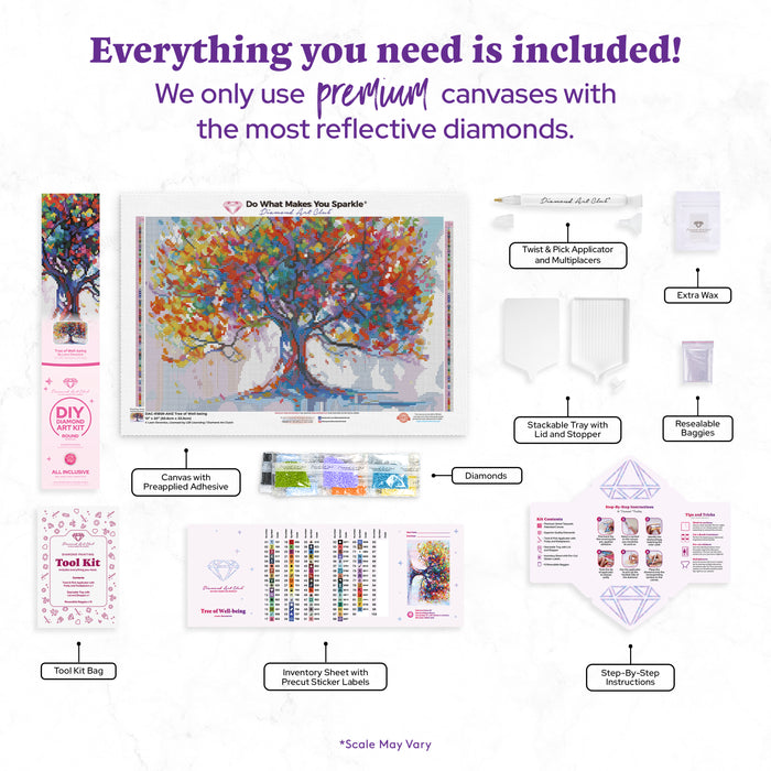 Diamond Painting Tree of Well-being 13" x 20" (50.6cm x 33cm) / Round with 83 Colors including 4 ABs and 2 Fairy Dust Diamonds / 22,080