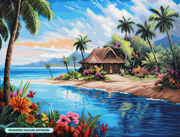 Diamond Painting Tropical Island Hut 29" x 22" (73.4cm x 55.8cm) / Square with 57 Colors including 2 ABs and 2 Fairy Dust Diamonds / 66,080