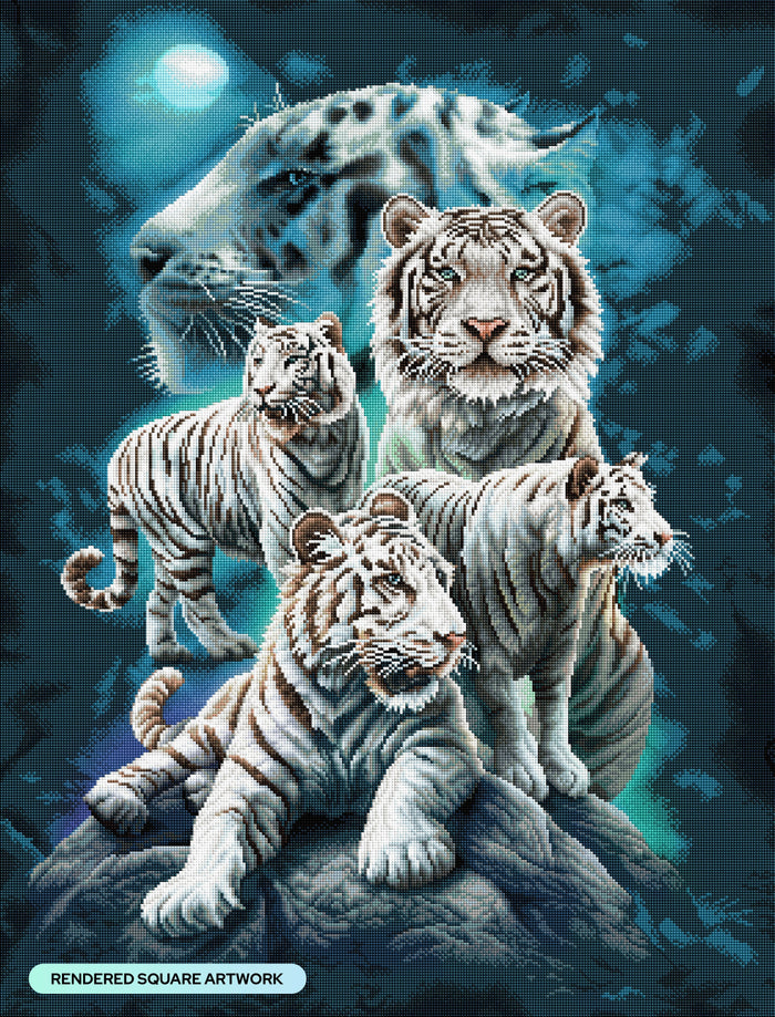 Diamond Painting Twilight White Tigers 27.6" x 36.2" (69.9cm x 91.8cm) / Square with 51 Colors including 1 AB and 3 Fairy Dust Diamonds / 103,689