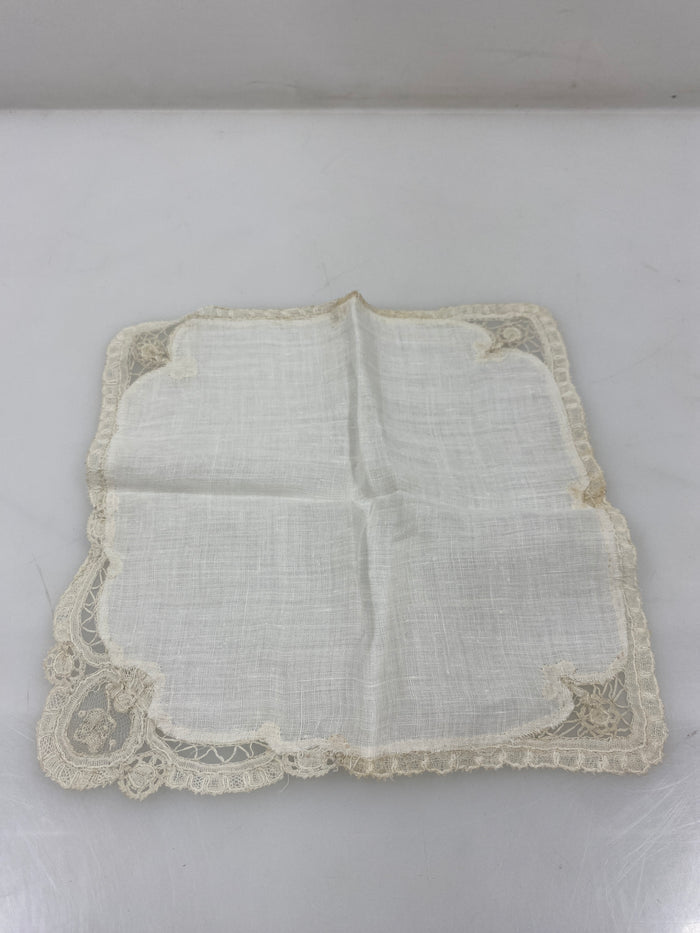 Vintage 1900s White Linen Handkerchief With Intricate Lace Border