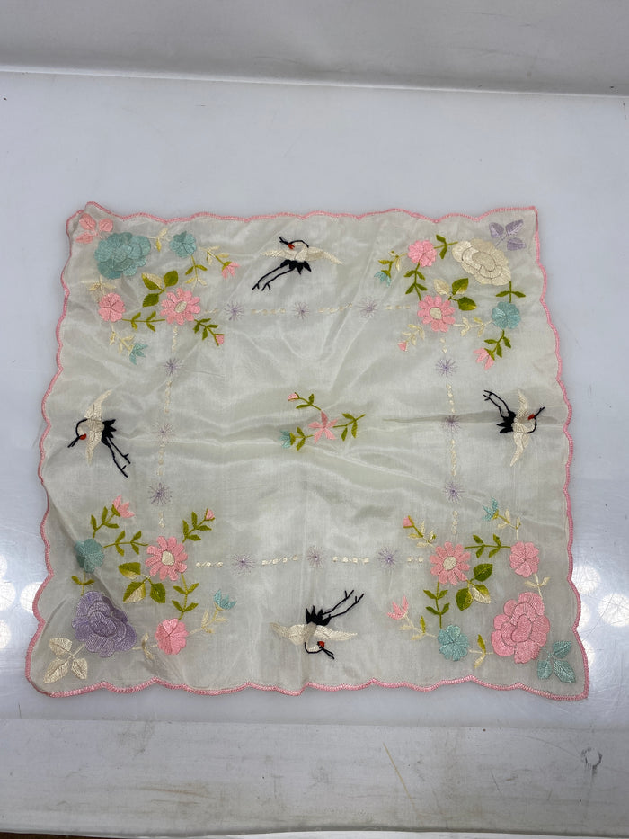 Vintage 1916 Linen Handkerchief with Colorful Embroidery of Flowers and Cranes