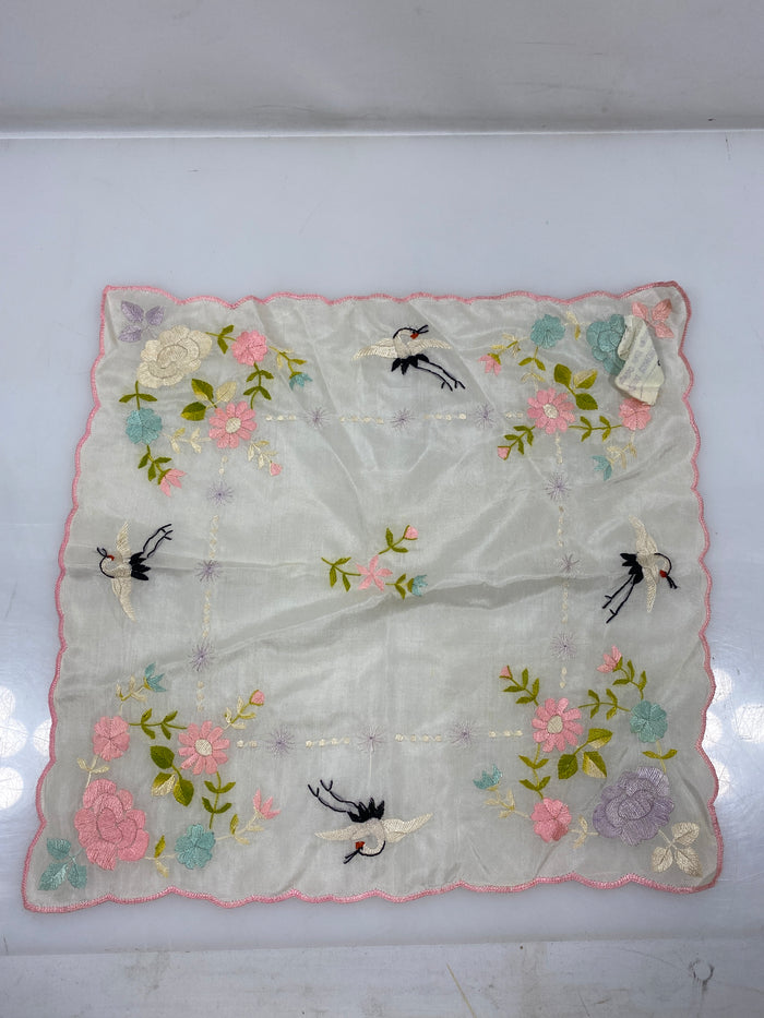 Vintage 1916 Linen Handkerchief with Colorful Embroidery of Flowers and Cranes