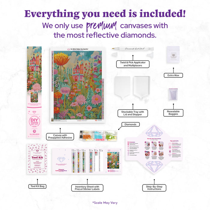 Diamond Painting Whimsical Gardens & Pink House 22" x 31" (55.6cm x 78.7cm) / Round with 71 Colors including 2 ABs and 4 Fairy Dust Diamonds / 57,772