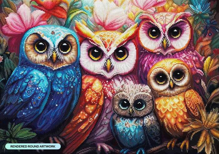 Diamond Painting Whimsical Owls 31" x 22" (78.7cm x 55.6cm) / Round with 65 Colors including 2 ABs and 3 Fairy Dust Diamonds / 57,772