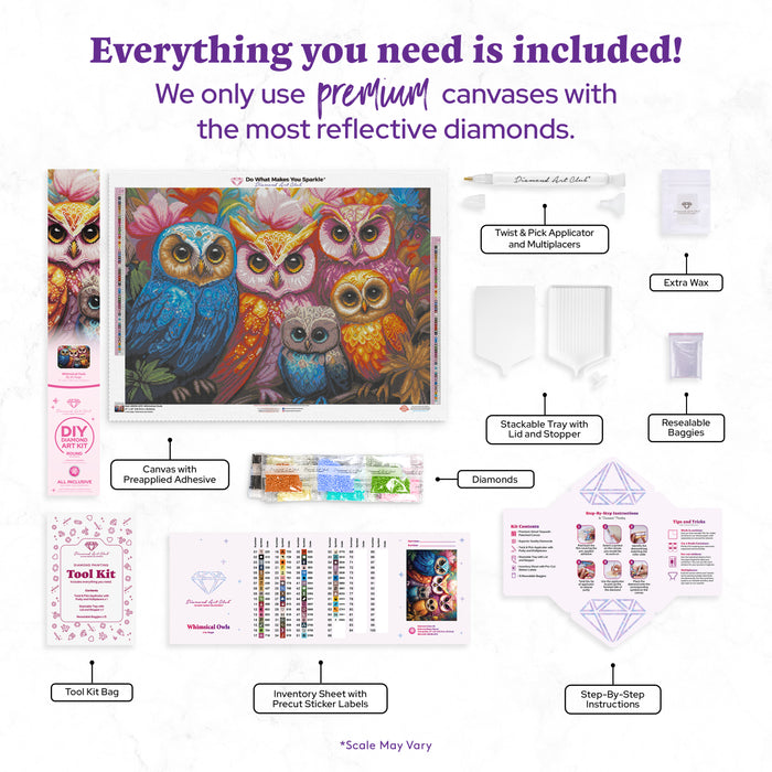 Diamond Painting Whimsical Owls 31" x 22" (78.7cm x 55.6cm) / Round with 65 Colors including 2 ABs and 3 Fairy Dust Diamonds / 57,772