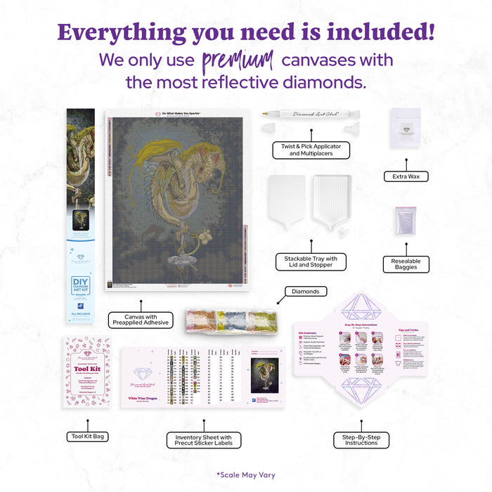 Diamond Painting White Wine Dragon 27.6" x 35" (69.9cm x 88.9cm) / Square with 47 Colors including 1 AB and 1 Iridescent Diamond and 3 Fairy Dust Diamonds / 100,317