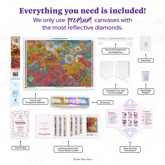 Diamond Painting Wings Among Petals 35.8" x 25.6" (90.8cm x 65cm) / Square with 99 Colors including 4 ABs and 4 Fairy Dust Diamonds / 95,265