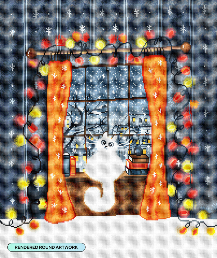 Diamond Painting Winter Cat 22" x 26" (55.6cm x 66cm) / Round With 45 Colors Including 2 ABs and 1 Iridescent Diamond and 3 Fairy Dust Diamonds / 48,480