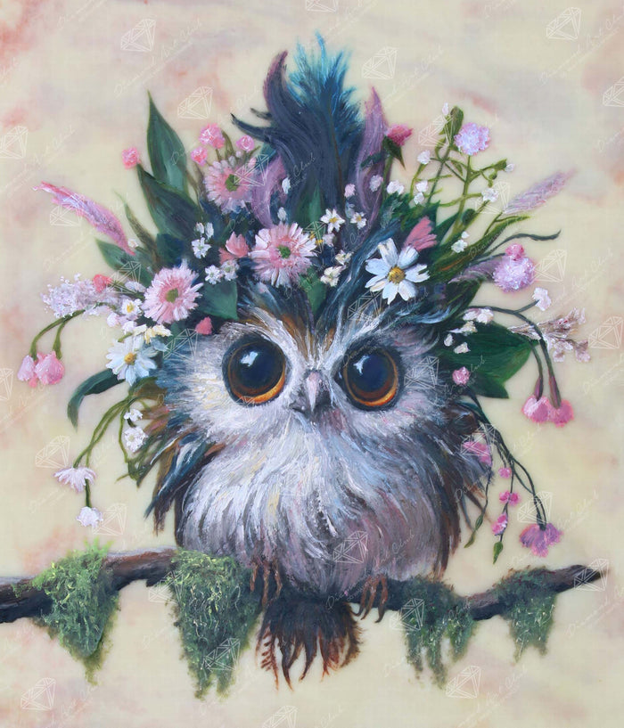 Diamond Painting Woodleigh Floriferous Owl 18.7" x 21.9" (47.6cm x 55.6cm) / Round with 63 Colors including 3 ABs and 2 Fairy Dust Diamonds / 34,946