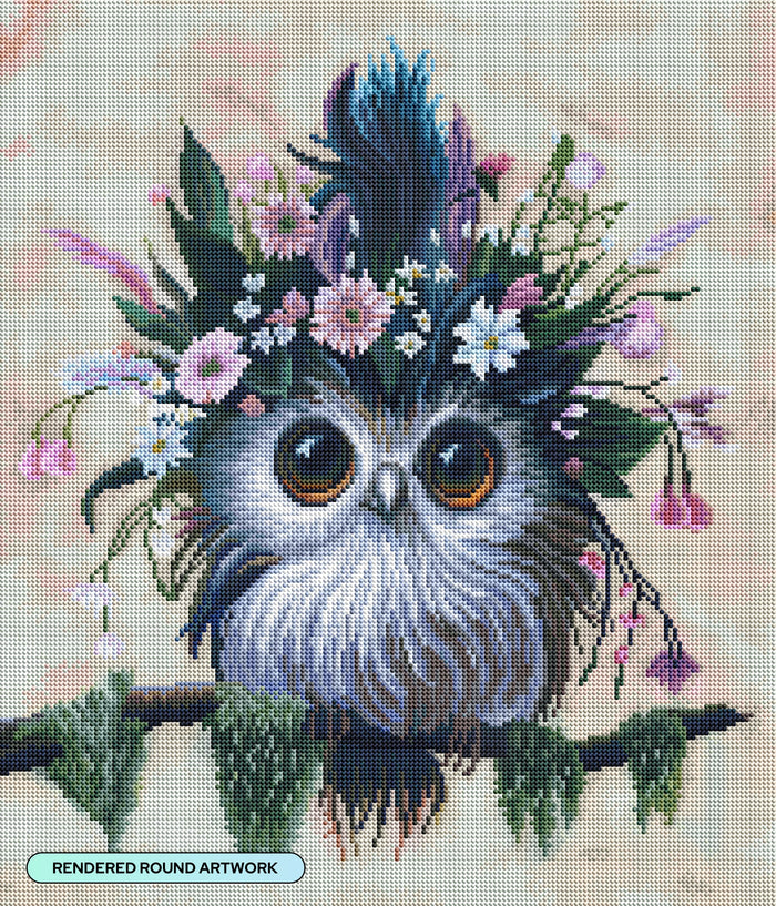 Diamond Painting Woodleigh Floriferous Owl 18.7" x 21.9" (47.6cm x 55.6cm) / Round with 63 Colors including 3 ABs and 2 Fairy Dust Diamonds / 34,946