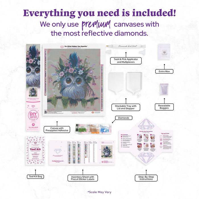 Diamond Painting Woodleigh Floriferous Owl 18.7" x 21.9" (47.6cm x 55.6cm) / Round with 63 Colors including 3 ABs and 2 Fairy Dust Diamonds / 34,946