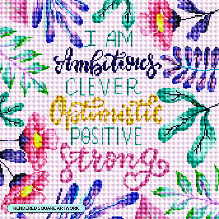 Diamond Painting Words of Affirmation 17" x 17" (42.8cm x 42.8cm) / Square with 39 Colors including 2 ABs, 2Electro Diamonds, 3 Fairy Dust Diamonds, and 1 Iridescent Diamond / 29,584