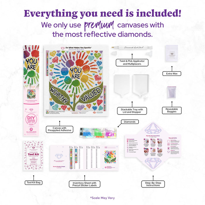 Diamond Painting You Are Worthy & Valued 17" x 19" (42.7cm x 47.9cm) / Round with 29 Colors including 1 Glow-in-the-Dark Diamond and 6 Fairy Dust Diamonds / 26,970